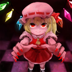 Rule 34 | 1girl, akizawa aki, ankle socks, ascot, bad id, bad pixiv id, blonde hair, carry me, checkered floor, facing viewer, fingernails, flandre scarlet, foreshortening, from above, hat, hat ribbon, looking up, mary janes, mob cap, nail polish, outstretched arms, red eyes, red nails, ribbon, sharp fingernails, shoes, short hair, side ponytail, skirt, skirt set, smile, socks, solo, touhou, wings