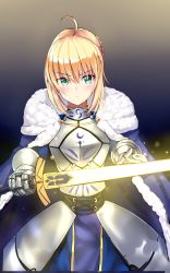 Rule 34 | 1girl, ahoge, aqua eyes, armor, artoria pendragon (all), artoria pendragon (fate), blonde hair, blush, braid, breastplate, cloak, closed mouth, cowboy shot, fate/stay night, fate (series), faulds, french braid, fur trim, highres, holding, holding sword, holding weapon, i.f.s.f, looking at viewer, saber (fate), sidelocks, solo, sword, upper body, weapon