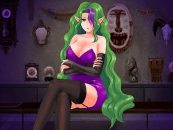 Rule 34 | blush, breasts, cleavage, dress, green hair, large breasts, long hair, misery (outer zone), outer zone, piccalilli, smile, thighhighs