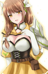 Rule 34 | 1girl, :d, armor, braid, breasts, brown hair, cleavage, commentary request, corset, fire emblem, fire emblem engage, gloves, goldmary (fire emblem), hair ribbon, highres, kirishima riona, large breasts, long hair, looking at viewer, low ponytail, nintendo, open mouth, pouch, ribbon, shoulder armor, simple background, single braid, skirt, smile, solo, upper body, white background, white gloves, white ribbon, yellow eyes, yellow skirt