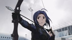 Rule 34 | 1girl, ahoge, aircraft, airplane, airport, alternate costume, arm up, arrow (projectile), black gloves, blue hair, blurry, blurry background, bow (weapon), captain america: civil war, captain america (series), captain america civil war, cloud, cosplay, crossover, day, drawing bow, female focus, gloves, grey sky, hand up, hawkeye (marvel), hawkeye (marvel) (cosplay), holding, holding bow (weapon), holding weapon, idolmaster, idolmaster (classic), long sleeves, marvel, marvel cinematic universe, miura azusa, outdoors, outstretched arm, parody, parted lips, quiver, red eyes, short hair, sky, solo, taku1122, teeth, upper body, weapon