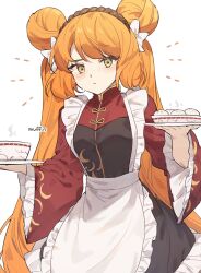 Rule 34 | 1girl, absurdres, apron, baozi, blush, bow, bowl, brown hairband, closed mouth, double bun, dress, food, freckles, frilled sleeves, frills, gold trim, green eyes, hair bow, hair bun, hairband, highres, holding, holding plate, ishmael (project moon), limbus company, long hair, long sleeves, love mintchoco, maid, orange hair, plate, project moon, qi maid, red dress, sidelocks, simple background, solo, steam, twintails, very long hair, white background, white bow, wide sleeves
