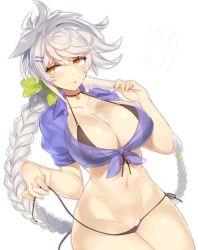 Rule 34 | 10s, 1girl, :q, alternate costume, bad id, bad pixiv id, bikini, bikini under clothes, black bikini, braid, breasts, commentary request, covered erect nipples, failure penguin, food, front-tie top, jitome, kantai collection, large breasts, legs together, long hair, looking to the side, melting, navel, pokoten (pokoten718), popsicle, see-through, sexually suggestive, shiny skin, silver hair, simple background, single braid, solo, stomach, swimsuit, tongue, tongue out, unryuu (kancolle), untied bikini, very long hair, wavy hair, white background, yellow eyes