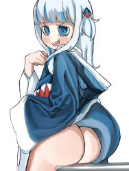 Rule 34 | 1girl, afubokun, animal hood, ass, ass support, blue eyes, blue hair, blush, bottomless, fins, fish tail, gawr gura, highres, hololive, hololive english, holomyth, hood, hoodie, long hair, long sleeves, looking at viewer, open mouth, shark girl, shark tail, sharp teeth, sleeves past wrists, smile, smug, solo, tail, teeth, thighs, virtual youtuber, white background, white hair, wide sleeves
