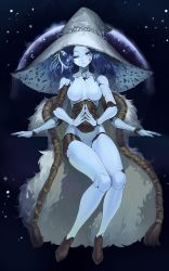 Rule 34 | 1girl, absurdres, alternate breast size, blue eyes, blue skin, cloak, coat, collarbone, colored skin, cracked skin, doll joints, elden ring, extra arms, extra faces, fur cloak, fur coat, gemi ningen, hat, highres, joints, nude, own hands together, ranni the witch, sitting, smile, solo, witch hat