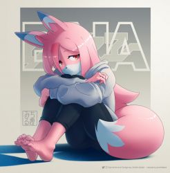 Rule 34 | 1girl, animal ears, barefoot, black pants, brand new animal, closed mouth, copyright name, fox ears, fox girl, fox tail, full body, furry, furry female, gradient background, grey background, grey jacket, highres, hiwatashi nazuna, jacket, long hair, long sleeves, looking at viewer, michirutnk, multicolored hair, pants, pink hair, red eyes, snout, solo, streaked hair, tail, toes