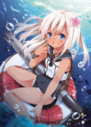 Rule 34 | 10s, 1girl, :d, bare legs, bare shoulders, blue eyes, bracelet, crop top, hand to own mouth, jewelry, kantai collection, lifebuoy, long hair, looking at viewer, mocha (naturefour), neckerchief, open mouth, ro-500 (kancolle), sailor collar, school swimsuit, smile, solo, submerged, swim ring, swimsuit, swimsuit under clothes, tan, tanline, underwater, white hair