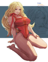 1girl blonde_hair blue_eyes breasts character_name choker collarbone eyebrows eyelashes feet hand_on_own_thigh kneeling kolin large_breasts lips middle_part muscular one-piece_swimsuit red_one-piece_swimsuit rejean_dubois ribbon ribbon_choker solo street_fighter swimsuit thick_lips thick_thighs thighs twitter_username wavy_hair wide_hips