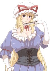 Rule 34 | 1girl, blonde hair, blush, breasts, choker, cleavage, colored eyelashes, corset, dress, elbow gloves, folded fan, folding fan, gloves, hand fan, hand on own hip, hand up, hat, hat ribbon, highres, holding, holding fan, huge breasts, long hair, looking at viewer, mob cap, pink lips, poronegi, purple dress, purple eyes, ribbon, ribbon choker, shiny clothes, shiny skin, short sleeves, smile, solo, tight clothes, touhou, upper body, very long hair, white gloves, yakumo yukari