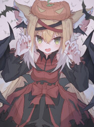 Rule 34 | 1girl, alternate costume, animal ear fluff, animal ears, arknights, bat (animal), bat wings, black sleeves, blonde hair, blush, breasts, claw pose, colored tips, commentary, detached sleeves, dress, fake wings, fangs, fingernails, fox ears, fox girl, green eyes, halloween, highres, long fingernails, long hair, looking at viewer, medium breasts, multicolored hair, nail polish, nalphanne, open mouth, pumpkin on head, red dress, red nails, skin fangs, sleeveless, sleeveless dress, solo, suzuran (arknights), very long hair, white hair, wings