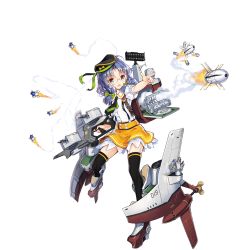 Rule 34 | 1girl, artist request, beret, black thighhighs, blue hair, cannon, full body, glasses, green eyes, hair ribbon, hat, missile, official art, open mouth, pointing, radar dish, ribbon, rigging, short hair, solo, thighhighs, transparent background, turret, warship girls r, weapon
