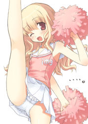 Rule 34 | 1girl, aoi kumiko, blonde hair, blush, character request, cheerleader, frilled panties, frills, futaba channel, kneepits, lace, lace-trimmed panties, lace trim, lingerie, miniskirt, panties, pantyshot, petticoat, pink theme, pom pom (cheerleading), red eyes, skirt, solo, split, standing, standing on one leg, underwear, upskirt, white panties
