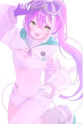 Rule 34 | 1girl, breasts, cleavage, demon girl, demon tail, gloves, green gloves, hand on own hip, highres, hololive, long hair, looking at viewer, multicolored hair, official alternate costume, open mouth, pink hair, ponytail, purple gloves, purple hair, replicayunikorn, short shorts, shorts, small breasts, smile, snow goggles, solo, streaked hair, tail, tokoyami towa, tokoyami towa (5th costume), two-sided gloves, virtual youtuber, white footwear, white gloves, white hair, white shorts, white shrug