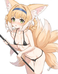 Rule 34 | 1girl, :o, alternate costume, animal ears, arknights, bikini, black bikini, blonde hair, blue hairband, blush, braid, braided hair rings, breasts, cokuto1, commentary, covered erect nipples, cowboy shot, embarrassed, fox ears, fox girl, fox tail, furrowed brow, gluteal fold, green eyes, hair intakes, hair rings, hairband, holding, holding staff, leaning forward, looking at viewer, medium hair, micro bikini, multicolored hair, multiple tails, navel, parted lips, signature, simple background, small breasts, solo, staff, standing, stomach, string bikini, suzuran (arknights), sweatdrop, swimsuit, tail, thigh gap, two-tone hair, white background, white hair