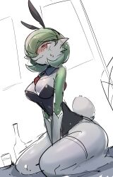 Rule 34 | 1girl, animal ears, bare shoulders, between legs, black leotard, blush, bob cut, breasts, closed mouth, colored skin, creatures (company), detached collar, dutch angle, fake animal ears, fake tail, female focus, full body, game freak, gardevoir, gen 3 pokemon, gloves, green hair, green skin, hair over one eye, half-closed eyes, hand between legs, happy, highres, kneeling, leotard, medium breasts, multicolored skin, nintendo, nose blush, on bench, one eye covered, own hands together, pokemon, pokemon (creature), rabbit ears, rabbit tail, raised eyebrows, red eyes, seiza, short hair, shy, sitting, sketch, smile, solo, strapless, strapless leotard, sweat, tail, thick thighs, thigh strap, thighs, two-tone skin, v arms, wavy mouth, white background, white gloves, white skin, yuii (yuika9200)