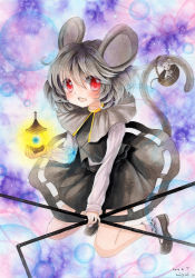 Rule 34 | 1girl, animal ears, bishamonten&#039;s pagoda, blush, capelet, dowsing rod, dress, grey hair, highres, jewelry, mosho, mouse (animal), mouse ears, mouse tail, nazrin, painting (medium), pendant, red eyes, short hair, smile, solo, tail, touhou, traditional media, watercolor (medium)