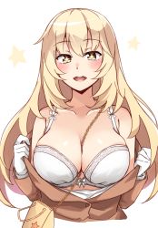 Rule 34 | 1girl, :d, absurdres, bad id, bad pixiv id, bag, bare shoulders, between breasts, blonde hair, blush, bra, breasts, brown coat, cleavage, coat, collarbone, commentary request, cropped torso, gloves, handbag, highres, kapatarou, large breasts, long sleeves, looking at viewer, open clothes, open coat, open mouth, ribbon, ribbon bra, round teeth, shokuhou misaki, shoulder bag, smile, solo, sparkling eyes, star (symbol), starry background, strap between breasts, teeth, toaru kagaku no railgun, toaru majutsu no index, underwear, upper body, upper teeth only, white background, white bra, white gloves, white ribbon, yellow eyes