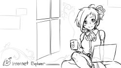 Rule 34 | 1girl, aizawa inori, collateral damage studios, copyright name, cup, freckles, greyscale, indoors, internet explorer, looking at viewer, monochrome, mug, personification, sitting, sketch, skirt, smile, solo, steam, tea, waha (artist), window, x-ray