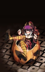 Rule 34 | 1girl, bad id, bad pixiv id, blush, brown hair, dress, highres, horns, jack-o&#039;-lantern, kate wong, long hair, multicolored hair, nail polish, no panties, original, pointy ears, ponytail, pumpkin, purple hair, pussy, red eyes, see-through, shoe dangle, solo, striped clothes, striped thighhighs, tentacles, thighhighs, trembling, white hair
