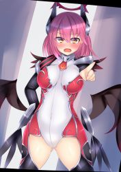 Rule 34 | 1girl, blush, bodysuit, breasts, covered navel, emil chronicle online, halo, headgear, highres, kutan, looking at viewer, mitama celes, open mouth, pink hair, short hair, solo, standing, wings, yellow eyes