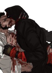 2boys abs beard biting_another&#039;s_tongue black_gloves blood blood_from_mouth blood_on_clothes bloody_weapon chest_hair claw_(weapon) clenched_hand deadpool deadpool_&amp;_wolverine deadpool_(series) eyepatch facial_hair gloves hashtag-only_commentary highres hood hood_up impaled jacket kiss long_sleeves male_focus marvel marvel_cinematic_universe mask_lift mature_male mcbuckwheat multiple_boys muscular muscular_male official_alternate_costume open_clothes open_shirt pants pectorals red_mask scar shirt short_hair stab teeth violence weapon wolverine_(x-men) x-men yaoi