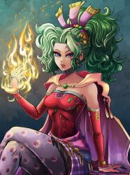 Rule 34 | accessories, bare shoulders, blue eyes, cape, crossed legs, dress, earrings, eyeshadow, final fantasy, final fantasy vi, fire, flower, green hair, hair ornament, hair ribbon, highres, jewelry, long sleeves, looking at viewer, magic, makeup, pantyhose, ponytail, red dress, red flower, red rose, ribbon, rose, shadow, sitting, stoic seraphim, tina branford, wristband