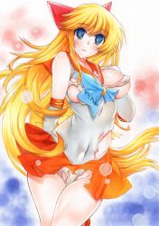 Rule 34 | 1girl, absurdres, aino minako, bishoujo senshi sailor moon, blonde hair, blue eyes, bow, breasts, choker, covered navel, elbow gloves, gloves, highres, jewelry, long hair, looking at viewer, magical girl, marker (medium), navel, orange choker, orange sailor collar, orange skirt, red bow, rozarin, sailor collar, sailor senshi uniform, sailor venus, skirt, solo, strappy heels, torn clothes, traditional media, white background, white gloves