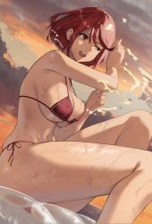 Rule 34 | 1girl, :d, bare arms, bare shoulders, bikini, breast press, breasts, cleavage, cloud, cloudy sky, evening, feet out of frame, female focus, highres, j@ck, large breasts, matching hair/eyes, navel, open mouth, pyra (xenoblade), red bikini, red eyes, red hair, red ribbon, ribbon, short hair, side-tie bikini bottom, sitting, sky, smile, solo, splashing, strap gap, swept bangs, swimsuit, teeth, thighs, underboob, upper teeth only, water, wet, xenoblade chronicles (series), xenoblade chronicles 2