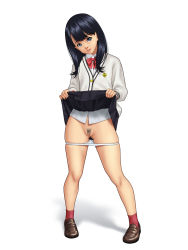 Rule 34 | 1girl, black hair, cleft of venus, clothes lift, female pubic hair, gluteal fold, gridman universe, highres, irotsuya, lifted by self, long hair, looking at viewer, mary janes, necktie, panties, panty pull, pleated skirt, pubic hair, pussy, red legwear, red neckwear, school uniform, shoes, skirt, skirt lift, ssss.gridman, takarada rikka, uncensored, underwear, white background, white panties