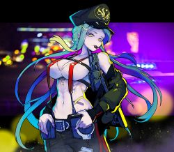 Rule 34 | 1girl, abs, absurdres, aqua hair, belt, black hat, black jacket, black pants, breasts, cleavage, clothes pull, crop top, cuffs, fp-6 (girls&#039; frontline), girls&#039; frontline, hair ornament, hairclip, handcuffs, hat, highres, holding, holding handcuffs, jacket, jacket pull, long hair, looking at viewer, medium breasts, military hat, mouth hold, nail polish, navel, open clothes, open jacket, pants, peaked cap, police, police uniform, policewoman, purple nails, ryuu tou, solo, sports bra, suspenders, tank top, uniform, upper body, whistle, white sports bra, white tank top, yellow eyes