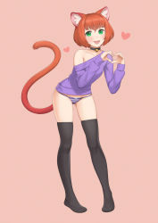 Rule 34 | 1girl, :3, bell, black thighhighs, blush, bow, bow panties, collar, collarbone, commission, cristalavi, full body, green eyes, heart, heart hands, highres, leaning forward, long sleeves, looking at viewer, neck bell, off shoulder, open mouth, original, panties, pink background, purple panties, purple sweater, red ribbon, ribbon, short hair, single bare shoulder, solo, standing, striped clothes, striped panties, sweater, thighhighs, underwear