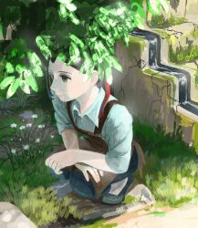Rule 34 | 1girl, absurdres, apron, bad id, bad pixiv id, black hair, brown apron, dappled sunlight, day, denim, grass, green eyes, highres, jeans, leaning forward, long sleeves, original, outdoors, pants, profile, shirt, short hair, smile, solo, squatting, stairs, sunlight, turquoise iro, water, waterfall, white shirt, wing collar