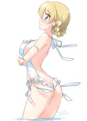 Rule 34 | 1girl, artist name, ass, backless swimsuit, blonde hair, blue eyes, blush, braid, breasts, butt crack, covered erect nipples, darjeeling (girls und panzer), dated, female focus, girls und panzer, halterneck, highres, kuzuryuu kennosuke, large breasts, looking at viewer, looking back, one-piece swimsuit, shoulder blades, simple background, solo, swimsuit, thighs, wading, white background, white one-piece swimsuit