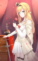 Rule 34 | 1girl, blonde hair, blue eyes, blush, braid, breasts, commentary, corset, cowboy shot, crown, dress, flower, french braid, garter straps, highres, jenson tw, jewelry, kantai collection, long hair, long sleeves, looking at viewer, medium breasts, mini crown, necklace, off-shoulder dress, off shoulder, petals, red flower, red ribbon, red rose, ribbon, rose, scepter, smile, solo, standing, thighhighs, warspite (kancolle), white dress, white thighhighs