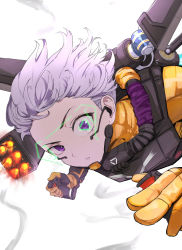 Rule 34 | 1girl, absurdres, animification, apex legends, bad id, bad pixiv id, bodysuit, cable, falling, firing, gloves, hair behind ear, headset, highres, hitsujisnow, holographic interface, jetpack, looking at viewer, mechanical wings, missile pod, orange bodysuit, orange gloves, purple eyes, science fiction, short hair, silver hair, smoke, solo, valkyrie (apex legends), white background, wings