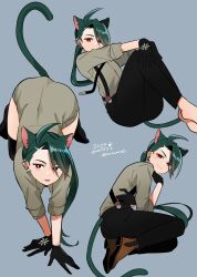 Rule 34 | 1girl, ahoge, animal ears, black gloves, black pants, black thighhighs, cat ears, cat girl, cat tail, collared shirt, creatures (company), ear piercing, earrings, game freak, genjitsu o miro, gloves, green hair, highres, jewelry, multiple views, nintendo, pants, piercing, pokemon, red eyes, rika (pokemon), shirt, solo, suspenders, tail, thighhighs, tongue, tongue out