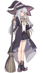 Rule 34 | 1girl, ankle boots, bag, black footwear, black skirt, blue eyes, boots, braid, broom, brown bag, cloak, closed mouth, collared shirt, commentary request, elaina (majo no tabitabi), frilled skirt, frills, full body, hand on headwear, hands up, hat, holding, holding broom, legs together, long hair, long sleeves, looking at viewer, majo no tabitabi, pleated skirt, shirt, shiseki hirame, silver hair, simple background, skirt, smile, solo, standing, white background, white shirt, wide sleeves, witch, witch hat