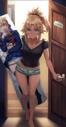 Rule 34 | 1girl, alternate costume, artoria pendragon (all), artoria pendragon (fate), blonde hair, blue eyes, blush, breasts, camisole, dakimakura (object), doorway, expressionless, fate/apocrypha, fate/grand order, fate (series), frilled shorts, frills, gluteal fold, groin, highres, implied yuri, lipstick mark, looking at viewer, master artoria, midriff, mordred (fate), mother and daughter, navel, no pants, panties, pillow, ponytail, pov doorway, red scrunchie, scrunchie, shirt, short shorts, shorts, small breasts, smile, solo, striped clothes, striped shorts, tonee, underwear