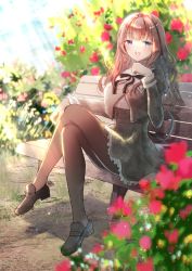 Rule 34 | 1girl, :d, absurdres, assault lily, bench, black footwear, black skirt, blue eyes, blue flower, blurry, blurry background, blush, brown hair, brown pantyhose, bush, cropped jacket, crossed legs, day, flower, full body, hand on own knee, hand up, high-waist skirt, highres, juliet sleeves, kaede johan nouvel, loafers, long hair, long sleeves, looking at viewer, miniskirt, on bench, open mouth, outdoors, pantyhose, park bench, pohjola, puffy sleeves, red flower, school uniform, shirt, shoes, sidelocks, sitting, skirt, smile, solo, sunlight, wavy hair, white shirt, yellow flower, yurigaoka girls academy school uniform