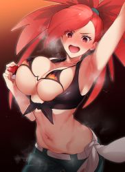 1girl, arm up, armpits, bangs, belt, bikini, bikini top, black background, blush, bouncing breasts, breasts, cleavage, creatures (company), crop top, denim, erect nipples, eyebrows visible through hair, eyelashes, eyes visible through hair, flame print, flannery (pokemon), front-tie top, game freak, gradient, gradient background, gym leader, highres, hizuki akira, holding, holding poke ball, jeans, large breasts, long hair, micro bikini, micro bikini top, midriff, navel, nintendo, open mouth, orange background, pants, poke ball, poke ball (basic), pokemon, pokemon (game), pokemon oras, ponytail, red eyes, red hair, solo, steaming body, sweat, swept bangs, swimsuit, unaligned breasts, underboob