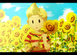 Rule 34 | 1boy, black eyes, blonde hair, blue sky, field, flower, flower field, holding, holding flower, iyoha 38, letterboxed, lucas (mother 3), male focus, mother (game), mother 3, nintendo, open mouth, quiff, shirt, short hair, sky, solid oval eyes, solo, striped clothes, striped shirt, sunflower, sunflower field, yellow flower