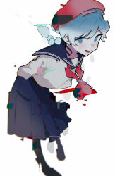Rule 34 | 1girl, absurdres, beret, blue eyes, blue hair, blue sailor collar, blue skirt, blush, braid, full burrrrrrst, ghostpia, glitch, hat, highres, leaning forward, neckerchief, open mouth, pleated skirt, red hat, red neckerchief, sailor collar, school uniform, serafuku, simple background, skirt, solo, standing, twin braids, white background, yoru (ghostpia)