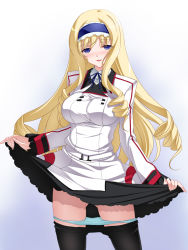 Rule 34 | 10s, 1girl, black pantyhose, blonde hair, blouse, blue eyes, blue panties, blush, cecilia alcott, clothes lift, clothes pull, collared shirt, curly hair, dress, dress lift, drill hair, gradient background, grey background, hairband, infinite stratos, lifting own clothes, long hair, nakano sora, panties, pantyhose, pantyhose pull, ribbon, school uniform, shirt, skirt, skirt lift, solo, underwear, white background, white shirt