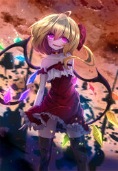 Rule 34 | 1girl, adapted costume, bare shoulders, black thighhighs, blonde hair, breasts, collar, collarbone, crystal, dress, feet out of frame, flandre scarlet, frilled dress, frills, glowing, glowing eyes, head tilt, looking at viewer, medium hair, motion blur, multicolored wings, no headwear, open mouth, purple eyes, red collar, red dress, small breasts, solo, thighhighs, touhou, wings, zettai ryouiki, ziran juan