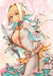 Rule 34 | 1girl, absurdres, belt, blonde hair, bodysuit, breasts, bridal veil, commentary, fate/extra, fate/extra ccc, fate/grand order, fate (series), flower wreath, full-length zipper, gloves, green eyes, hair intakes, highres, large breasts, lock, long sleeves, loose belt, nero claudius (bride) (fate), nero claudius (fate), newmoonshira, padlock, padlocked collar, showgirl skirt, smile, solo, veil, white bodysuit, white gloves, zipper, zipper pull tab