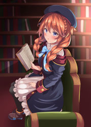 Rule 34 | 1girl, armchair, beret, black coat, black hat, black pantyhose, blue bow, blush, book, bookshelf, boots, bow, braid, brown footwear, brown hair, chair, coat, collared dress, commentary request, dress, frilled coat, frilled dress, frills, hair between eyes, hair over shoulder, hat, highres, holding, holding book, hood, hood down, hooded coat, indoors, kouzuki fukurou, long hair, long sleeves, looking at viewer, off shoulder, on chair, open book, pantyhose, parted lips, pleated dress, princess connect!, purple eyes, sitting, solo, twin braids, white dress, yuni (princess connect!)