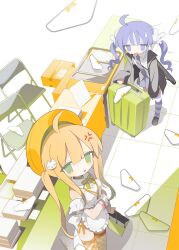 Rule 34 | 2girls, ahoge, anger vein, apron, bag, bare shoulders, black jacket, blonde hair, blue eyes, blue hair, blue necktie, blue skirt, blue thighhighs, book, book stack, box, buttoned cuffs, cardboard box, cat hair ornament, chair, collared shirt, convention, daizu (melon-lemon), detached collar, folding chair, from above, gingham thighhighs, green eyes, green ribbon, hair ornament, highres, holding, holding bag, jacket, loafers, long hair, long sleeves, looking at viewer, looking up, miniskirt, multiple girls, neck ribbon, necktie, open clothes, open jacket, open mouth, orange thighhighs, original, panties, paper bag, pleated skirt, rabbit hair ornament, ribbon, rolling suitcase, shirt, shoes, side-tie panties, sidelocks, skirt, striped clothes, striped thighhighs, suitcase, sweat, sweatdrop, table, thighhighs, tile floor, tiles, twintails, underwear, unworn panties, white apron, white shirt, wrist cuffs, yellow headwear
