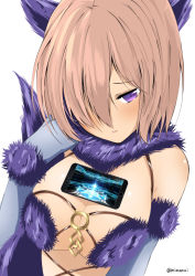 Rule 34 | 1girl, animal ears, blush, breasts, cellphone, cleavage, commentary request, elbow gloves, fate/grand order, fate (series), fur trim, gloves, halloween costume, large breasts, magic circuit, mash kyrielight, mash kyrielight (dangerous beast), mimamui, o-ring, o-ring top, official alternate costume, phone, pink hair, purple eyes, revealing clothes, short hair, simple background, smartphone, solo, tail, tawawa challenge, twitter username, white background, wolf ears, wolf tail