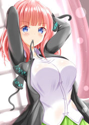 Rule 34 | 1girl, arms behind head, arms up, backlighting, black jacket, black ribbon, blue eyes, blush, breasts, closed mouth, collared shirt, commentary request, curtains, day, dress shirt, go-toubun no hanayome, green skirt, hair ribbon, highres, indoors, jacket, long hair, looking at viewer, medium breasts, mouth hold, nakano nino, open clothes, open jacket, pink hair, pleated skirt, ribbon, ribbon in mouth, shirt, skirt, solo, tying hair, v-shaped eyebrows, white shirt, window, xenon (for achieve)