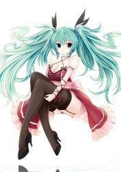 Rule 34 | 1girl, black thighhighs, breasts, cleavage, full body, garter straps, green eyes, green hair, hatsune miku, high heels, legs, long hair, looking at viewer, matching hair/eyes, medium breasts, panties, sitting, solo, thighhighs, twintails, underwear, very long hair, vocaloid, white background, zheyi parker